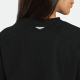 Black jacket with a logo on the back against a light gray background