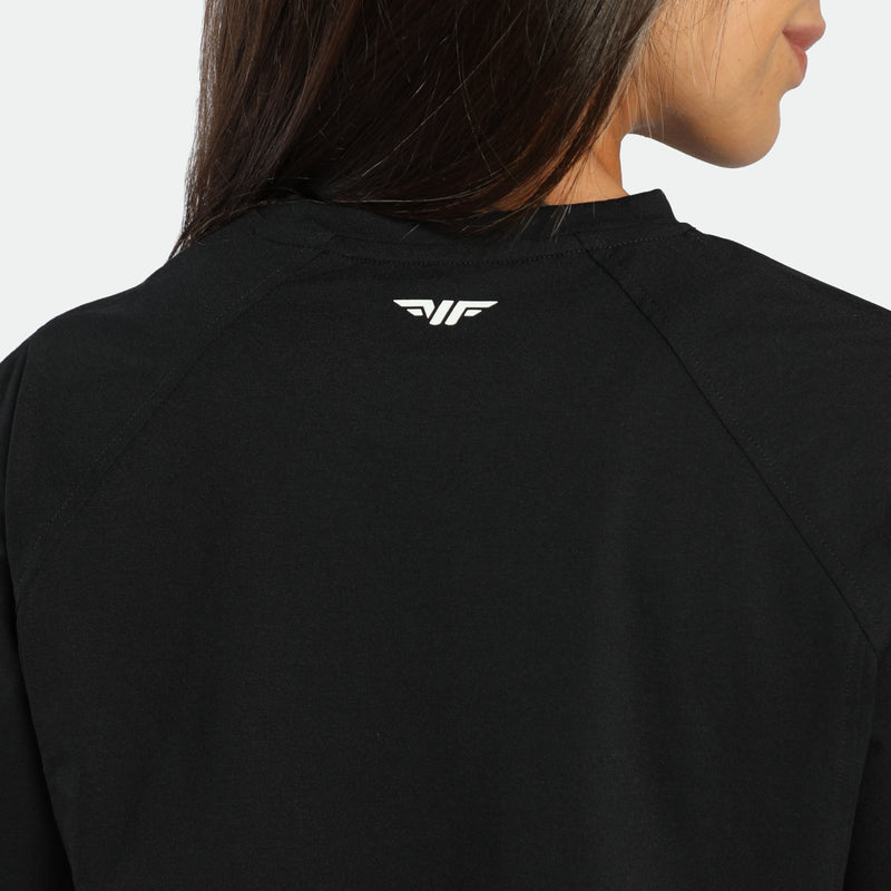 Black jacket with a logo on the back against a light gray background