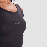 close up view  for fit woman wearing crop top  black 