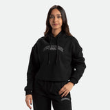 a fit woman wearing matching set black  with logo  hoodie and pants 