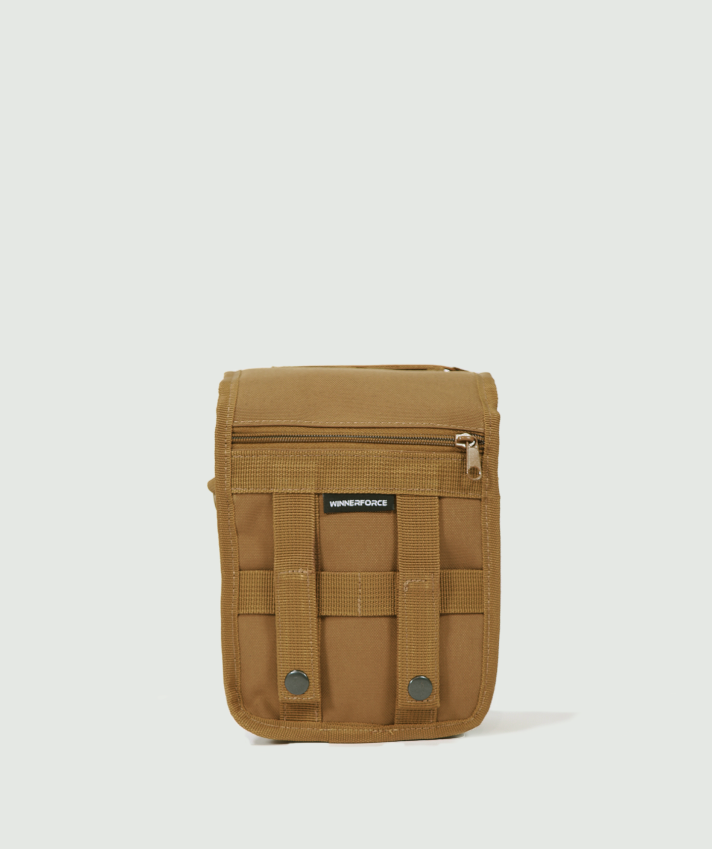 A tan-colored, rectangular utility pouch with a zippered pocket, flap closure, two snap-button straps, and a label reading winnerforce  on the front against a plain light background.
A tan-colored, rectangular utility pouch with a zippered pocket, flap closure, two snap-button straps, and a label reading WORDS OF FORCE on the front against a plain light background.

