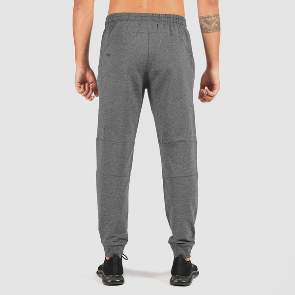 a back view for fit man wearing pants marl light grey with shoes black 