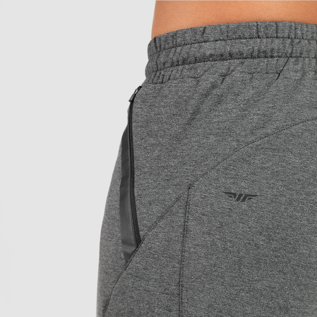 close up view for back view of man wearing pants marl light grey with zipper and logo 