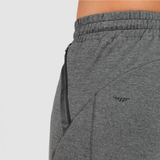 close up view for back view of man wearing pants marl light grey with zipper and logo 