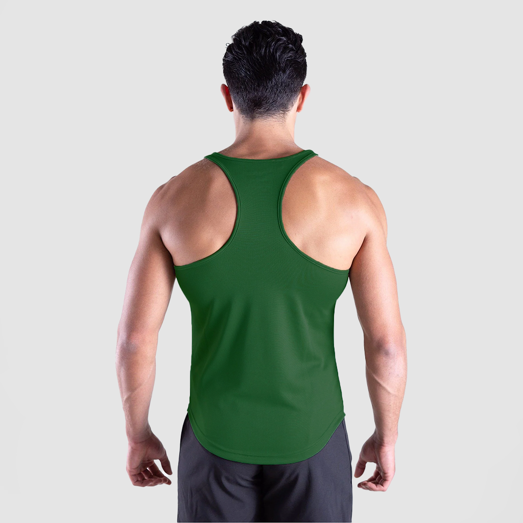 a back view for fit man wearing tank EDEN-GREEN with short black 