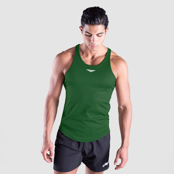 a fit man wearing tank eden - green with logo in half and short black 