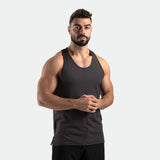a fit man wearing t-shirt  dark grey with pants black 