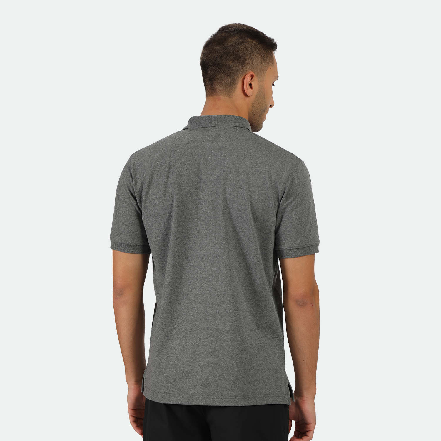 a back view  for fit man wearing t-shirt dark grey with pants black 
