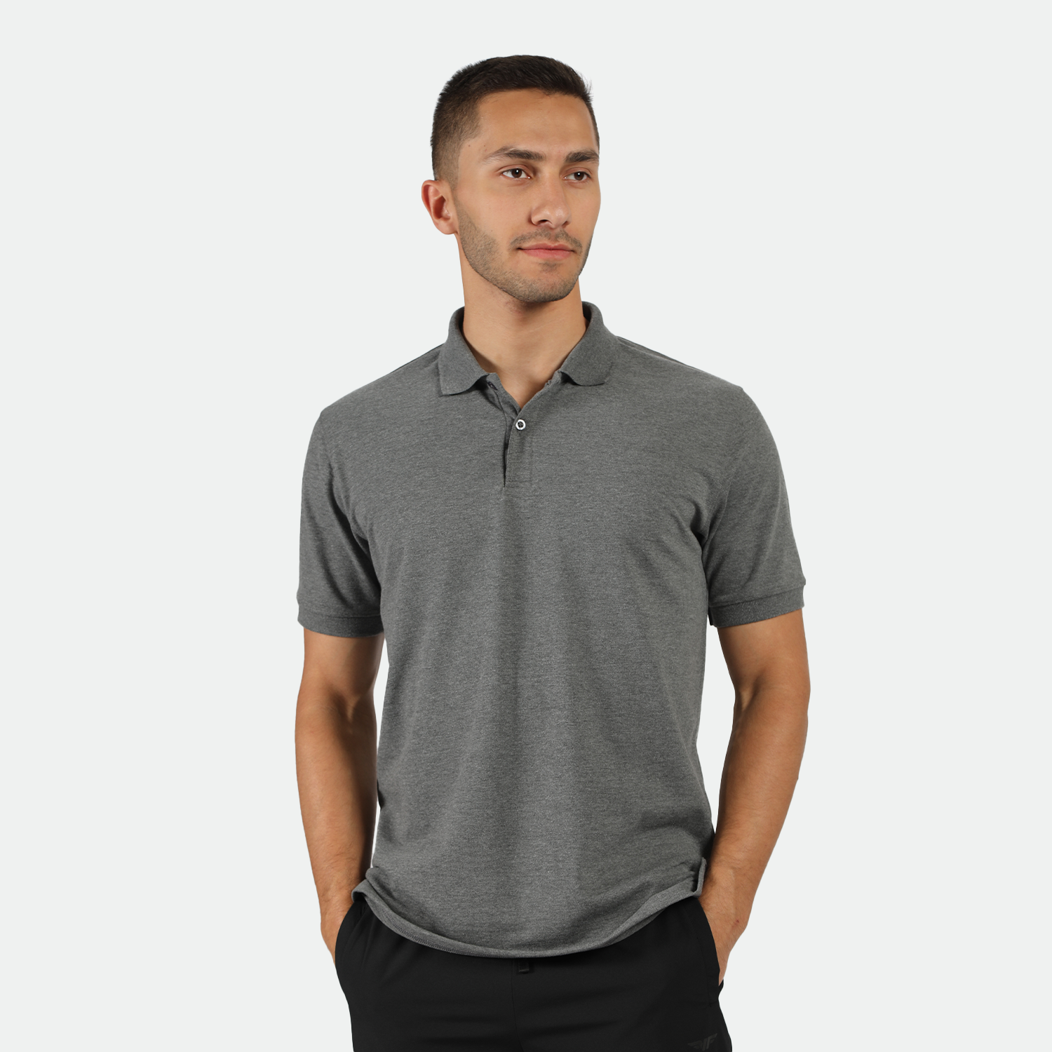 a fit an wearing t-shirt dark grey with pants  black 