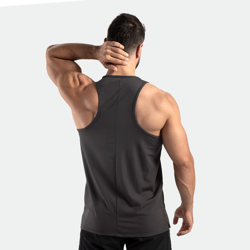 a back view for man wearing t-shirt  dark grey with pants black 