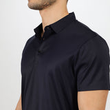 close up view for fit man wearing t-shirt polo  black 