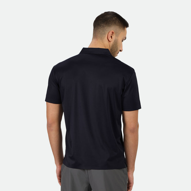 a back view for fit man wearing t-shirt black with pants grey 