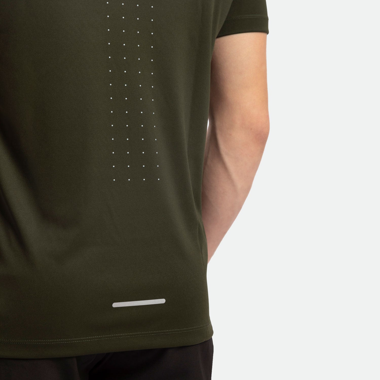 close up view for back view of t-shirt dark olive with pants black 