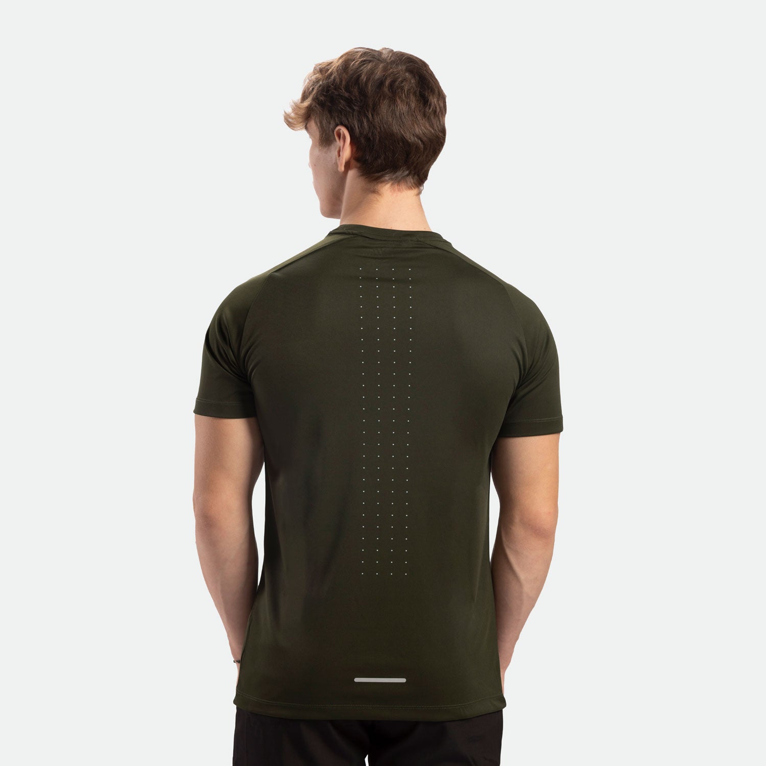 a back view for t-shirt dark olive with pants black 