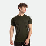 a fit man stand at right and wearing t-shirt dark olive with pants black 