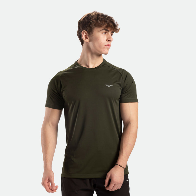 a fit man stand at right and wearing t-shirt dark olive with pants black 