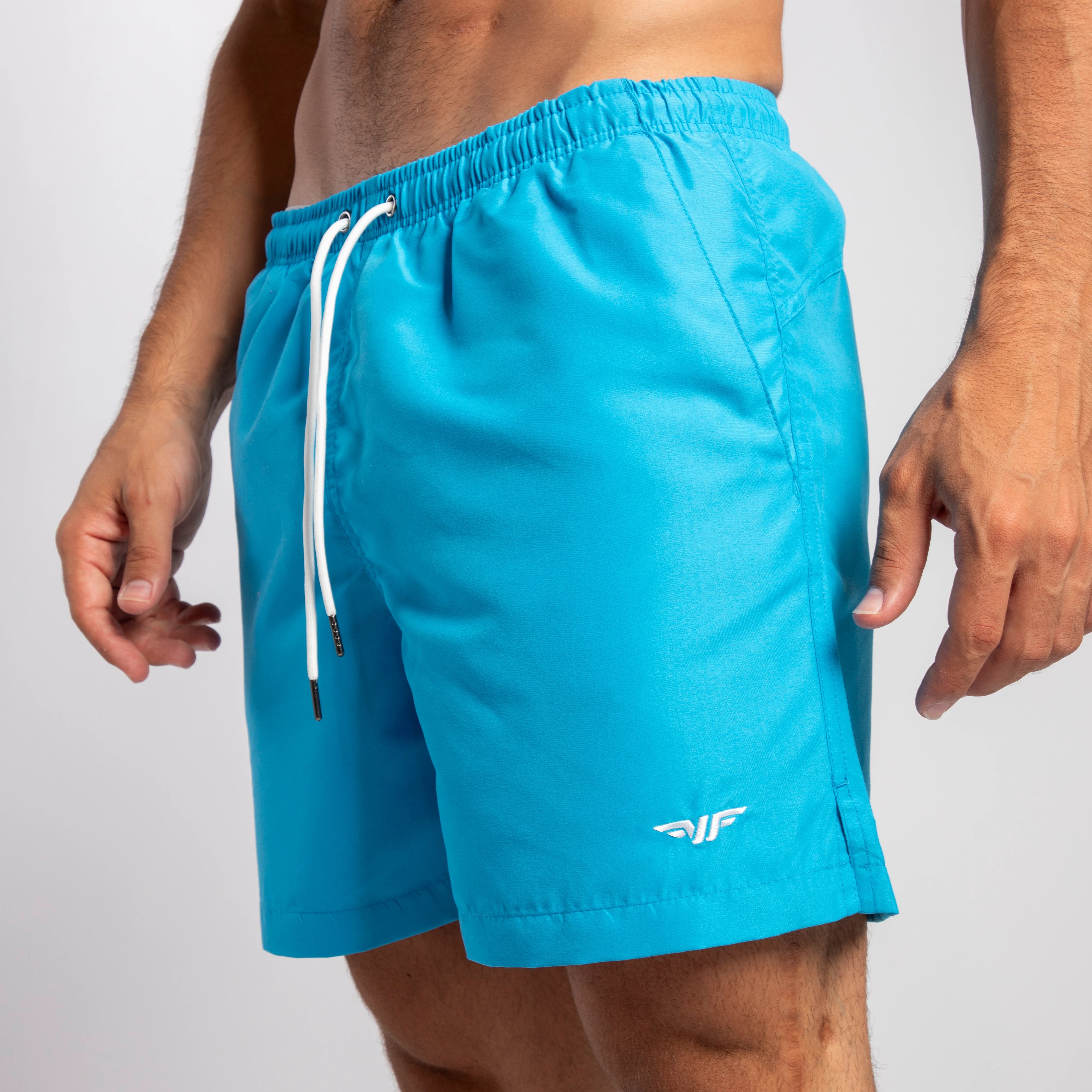 close up view for fit man wearing short DEEP SKY BLUE