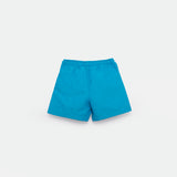 a back view for short bright blue with background light grey 