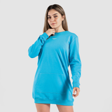 a fit woman wearing sweatshirt blue with logo white  