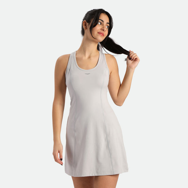 a fit woman wearing dress MICRO-SHIP-GREY with logo 