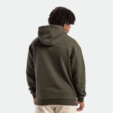 a back view for fit man wearing hoodie forest night green ,and pants beige 
