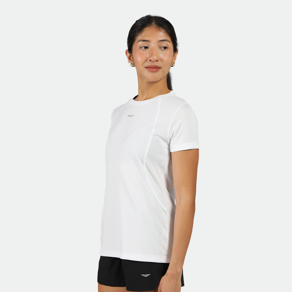 a fit woman stand at right and wearing white t-shirt with logo and black short with logo 