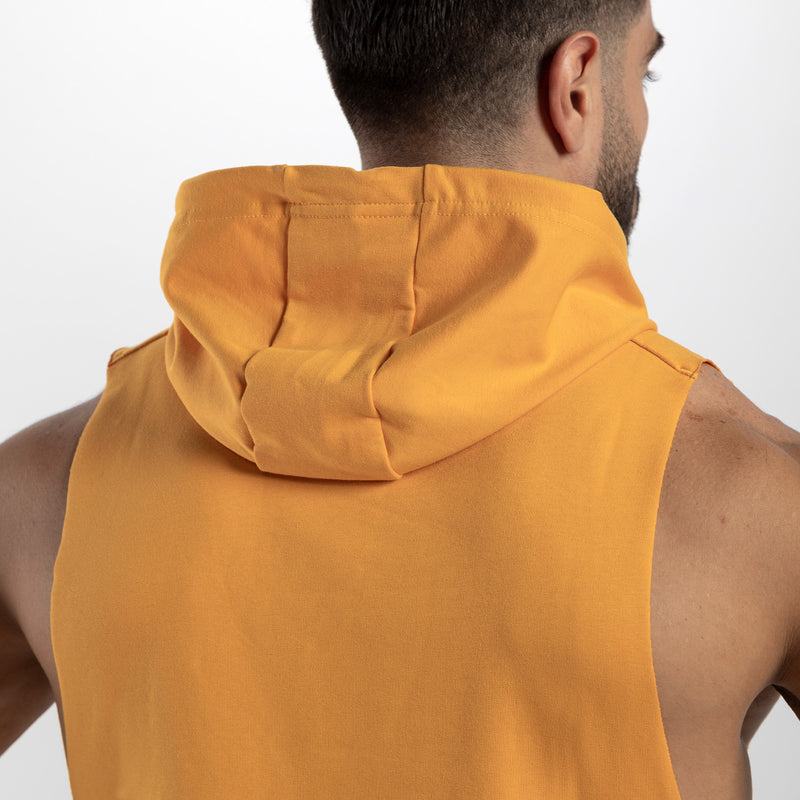 close up view for person wearing half hoodie golden glow orange