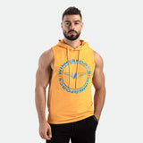 a fit man wearing half hoodie 
 golden glow orange with logo and pants black 