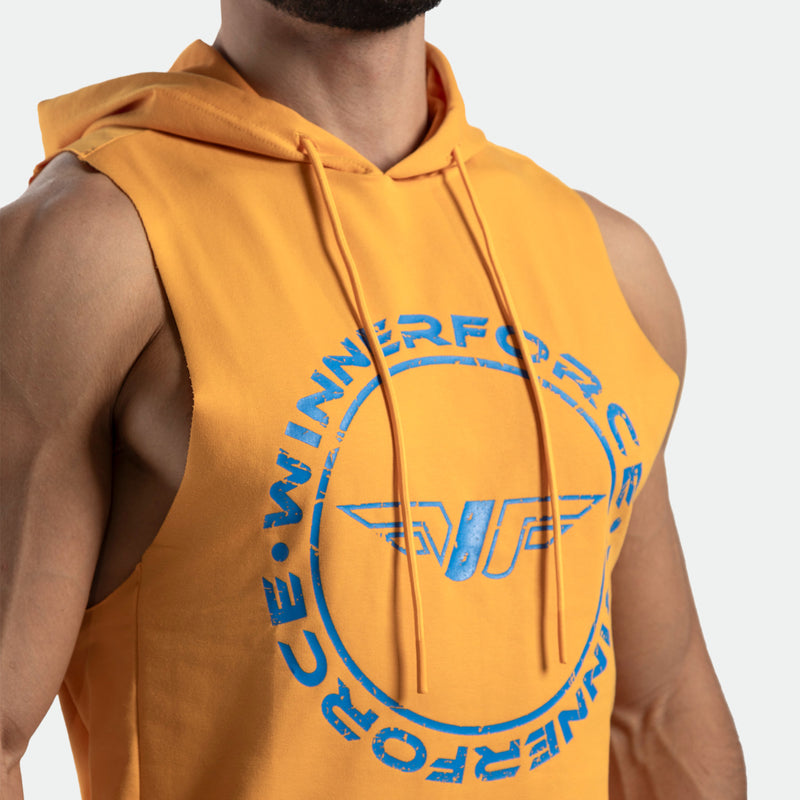 close up view for fit man wearing half hoodie golden glow orange with logo 