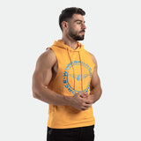 a fit man stand at right and wearing half hoodie golden glow orange with logo ,plus pants black 