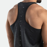 a back view for fit man wearing tank graphite grey with logo 