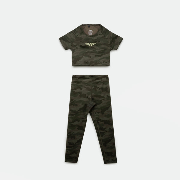 matching set green camo  crop top and legging 