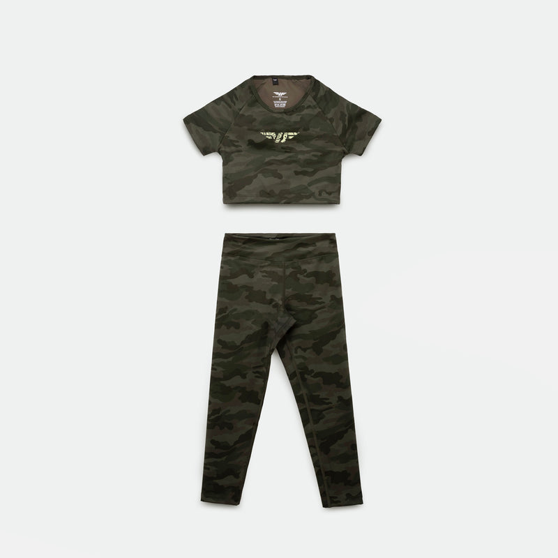 matching set green camo  crop top and legging 