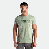a man wearing t-shirt camo green bay with logo and pants grey 