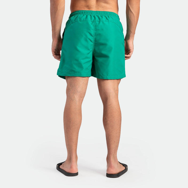a back view for fit man wearing short green lake 