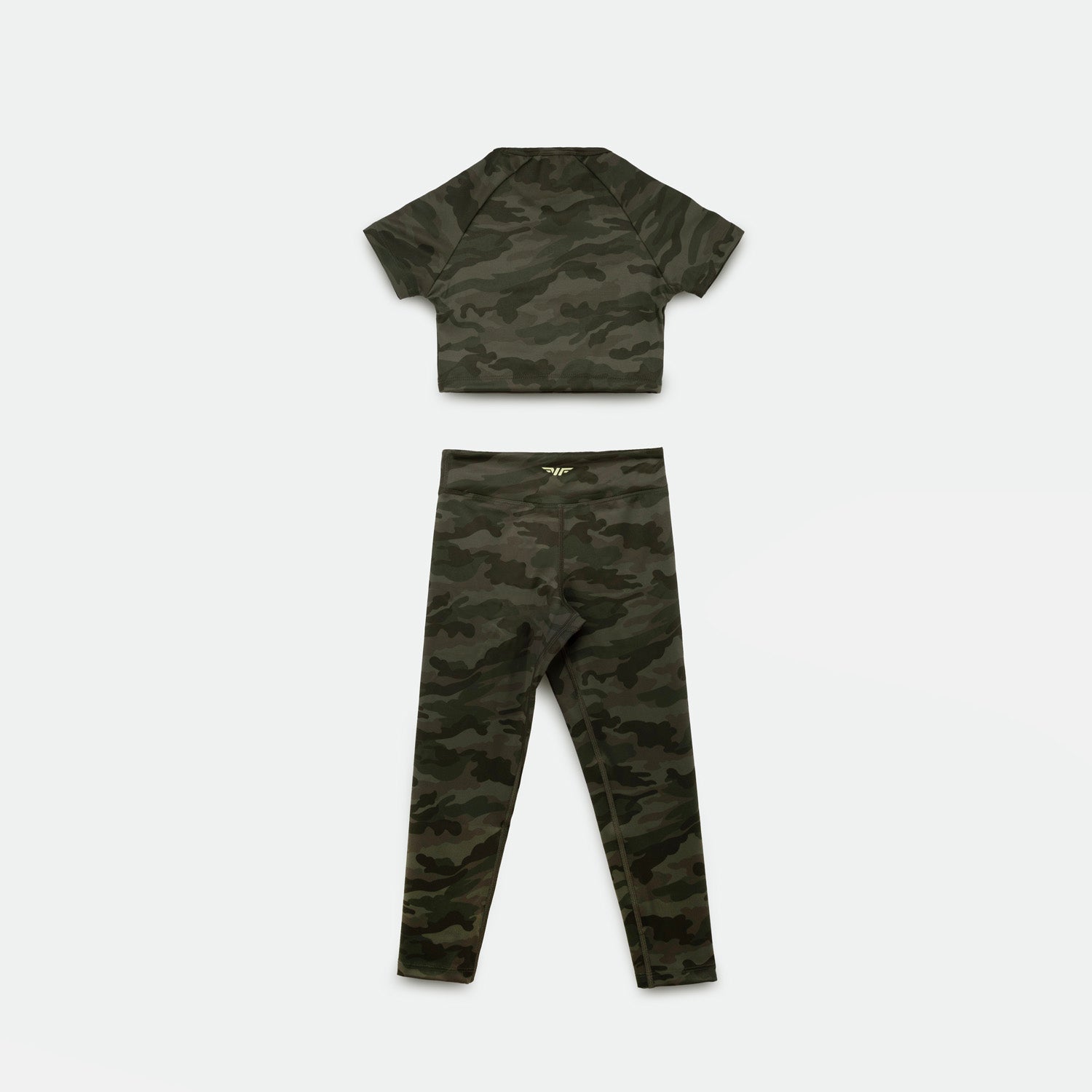 a back view for matching set camo  green  crop top with legging 