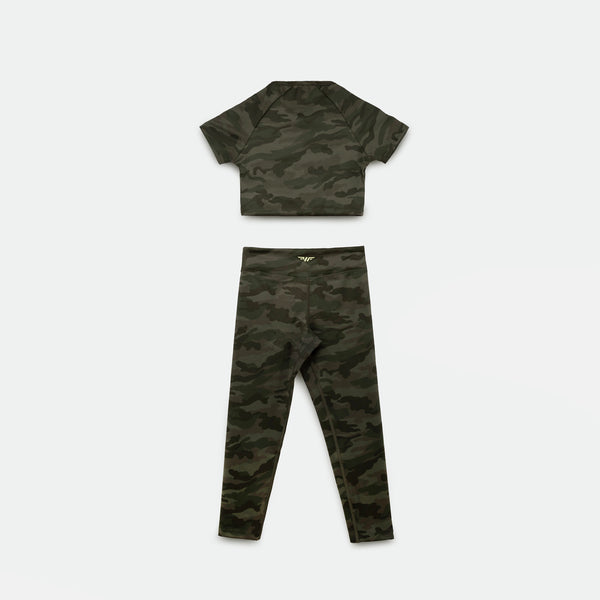 a back view for matching set camo  green  crop top with legging 