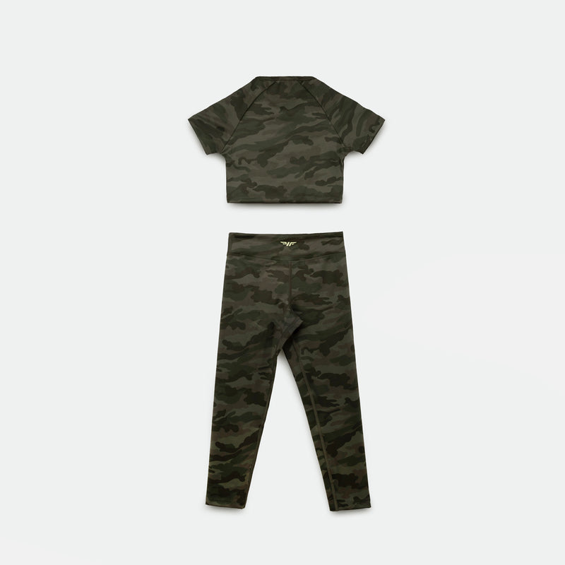 a back view for matching set camo  green  crop top with legging 