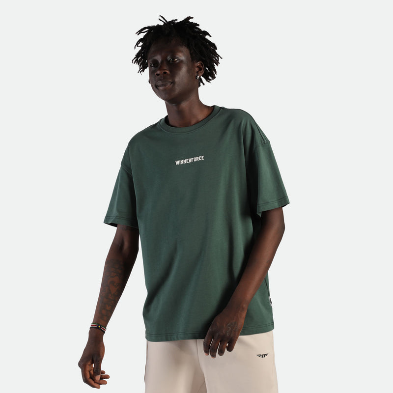 a fit man wearing t-shirt green with logo and he wearing pants beige with logo 