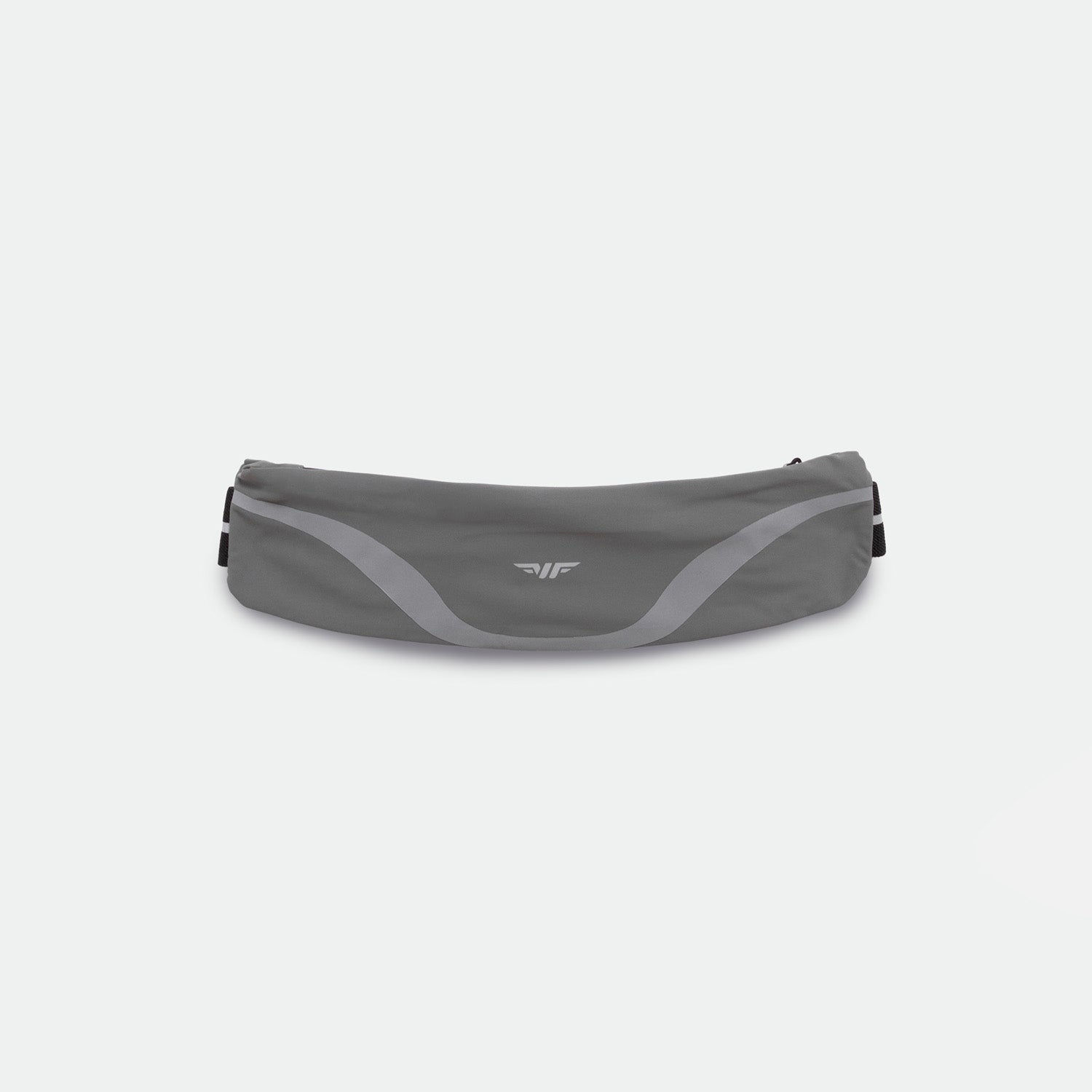 A grey waist bag with black trim, branded with 'GO BEYOND'.
