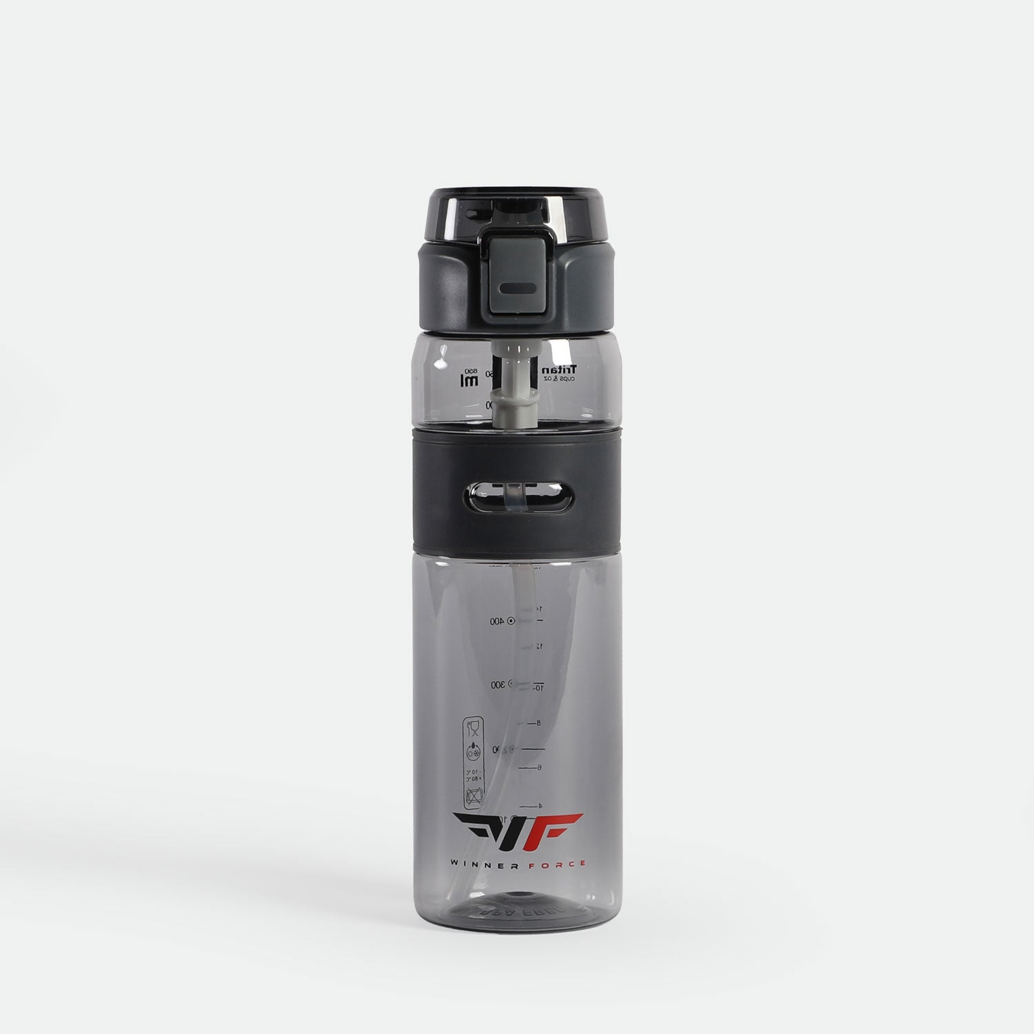 Clear sports water bottle with black lid and grip, featuring measurements and a "Winner Force" logo. Modern design on a white background.
