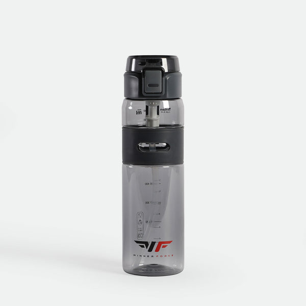 Clear sports water bottle with black lid and grip, featuring measurements and a "Winner Force" logo. Modern design on a white background.