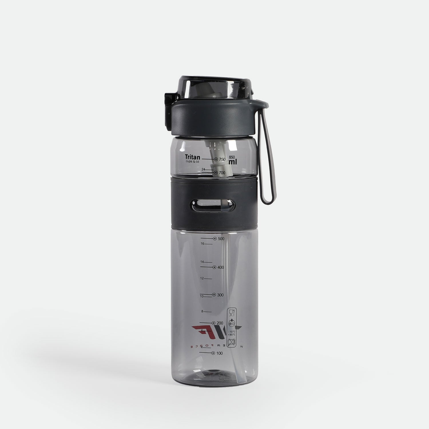 Clear gray water bottle with black lid and strap, marked with measurements in milliliters. Modern design, evokes practicality and sleekness.