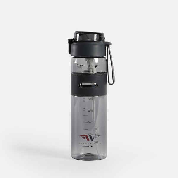 Clear gray water bottle with black lid and strap, marked with measurements in milliliters. Modern design, evokes practicality and sleekness.