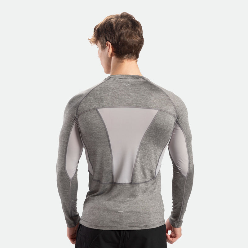 a back view for fit man wearing sleeve t-shirt  grey  with pants black 