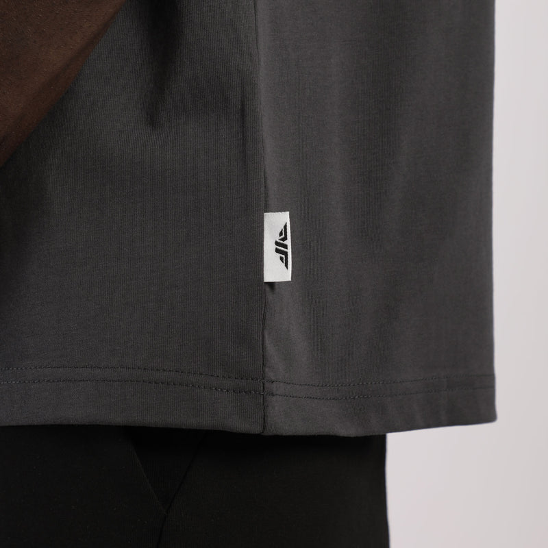 close up view for fit man earing t-shirt dark grey 