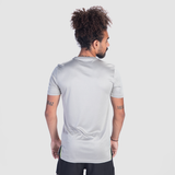 a back view for fit man wearing t-shirt grey with short black 