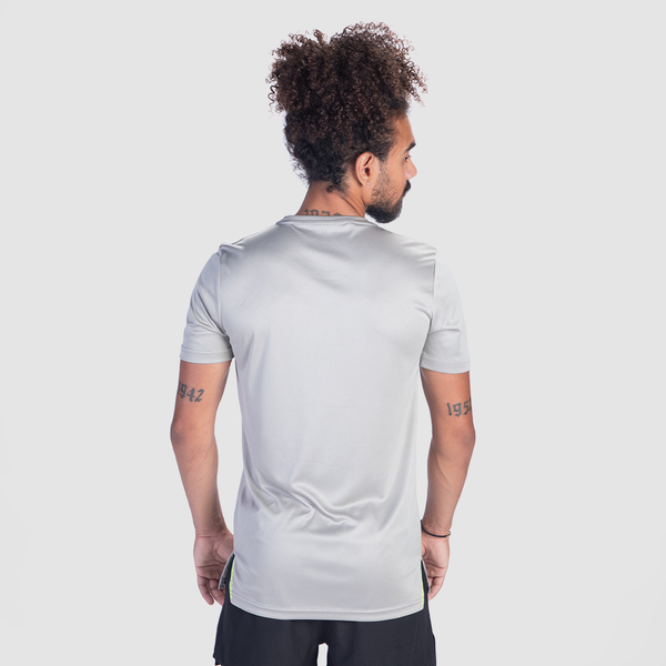 a back view for fit man wearing t-shirt grey with short black 