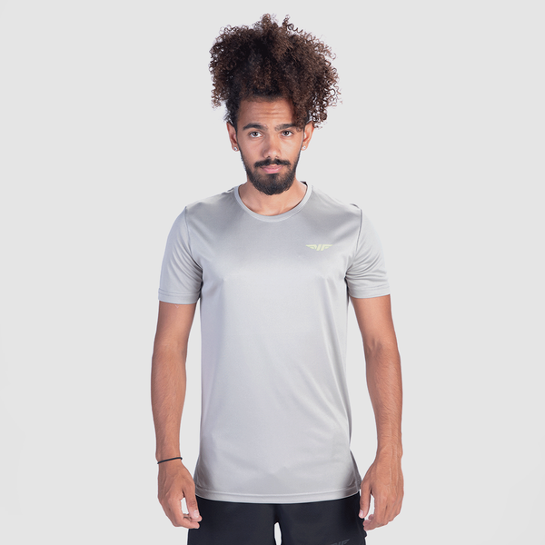 a fit man wearing t-shirt grey with short  black 