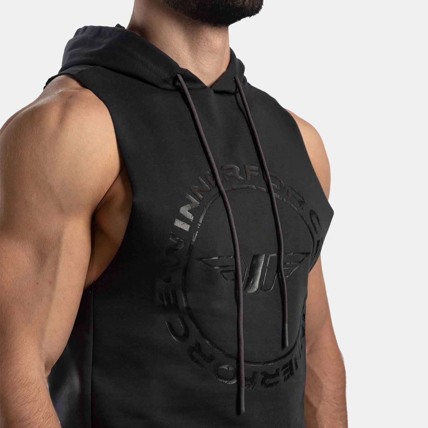 close up view for person wearing half hoodie shadow black with logo